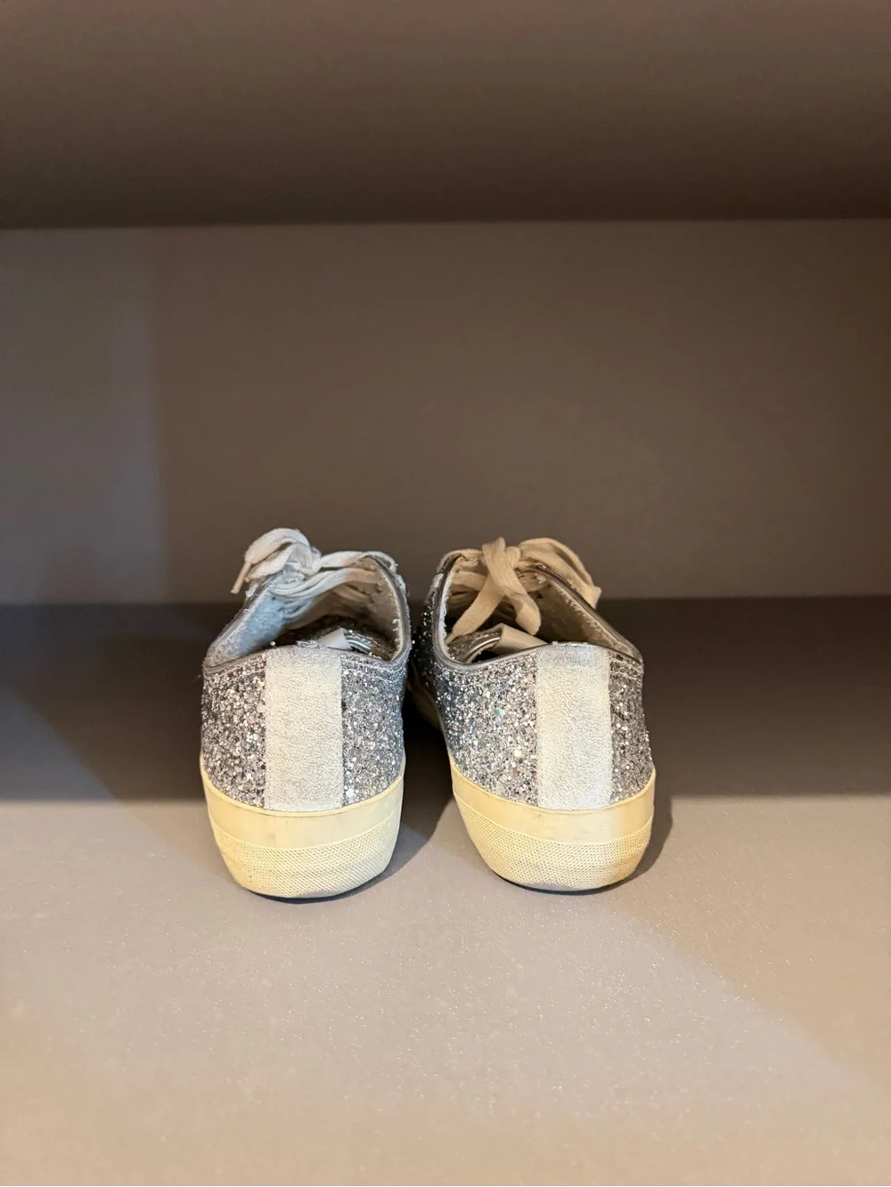 Golden Goose Silver Glitter Low-Top Sneakers with Beige Sole